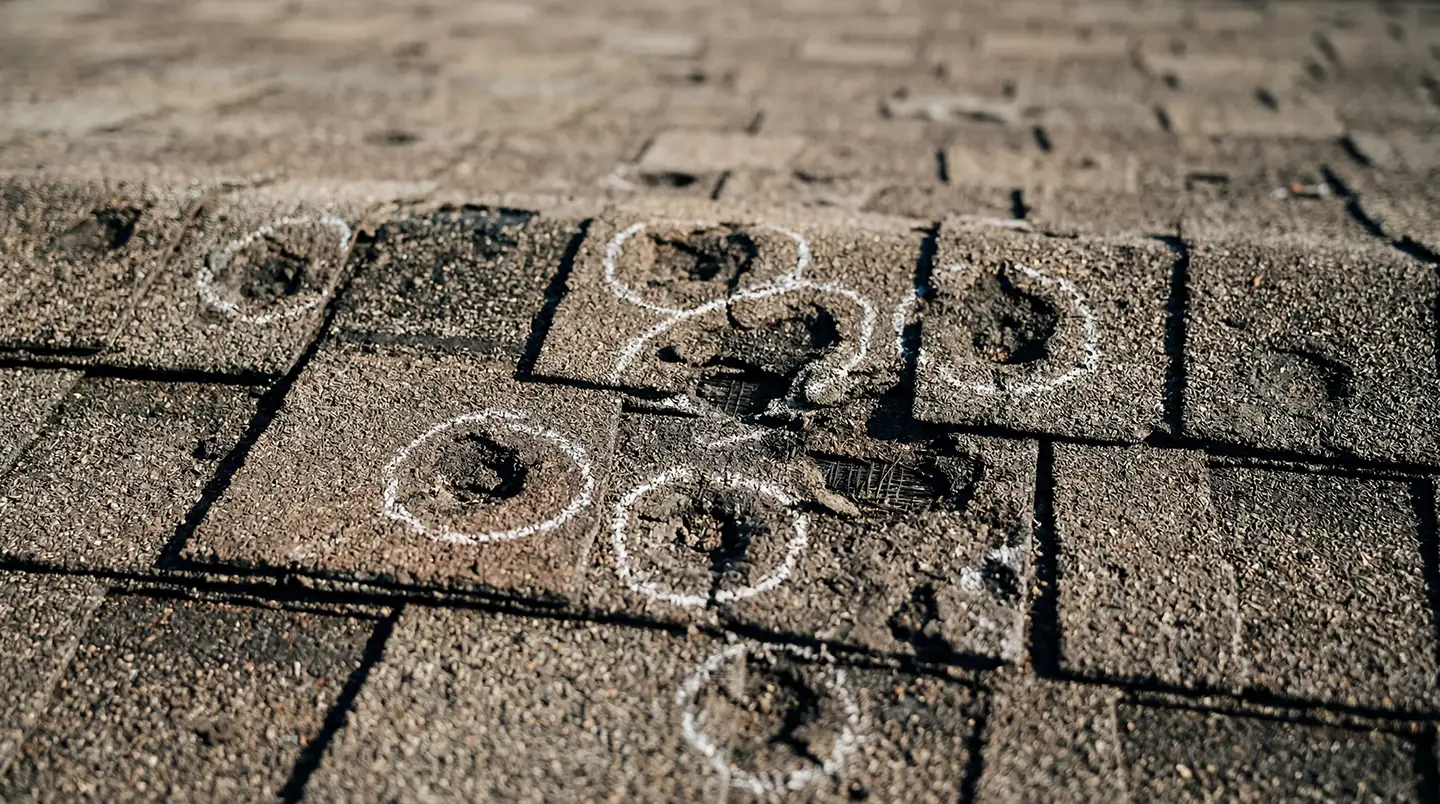 Hail damage circled in chalk during a Redeem roof inspection
